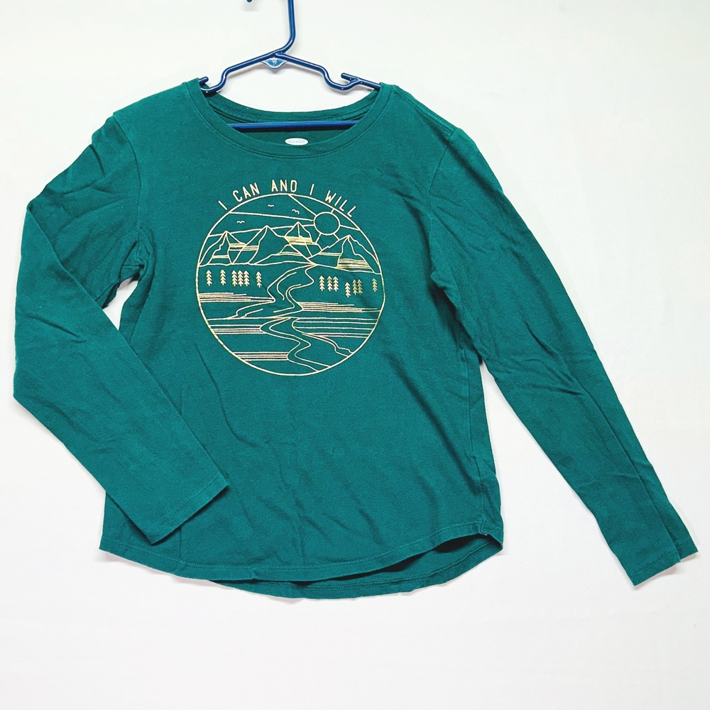 Old Navy Inspirational Long Sleeve Forest Green and Gold T-shirt Girls (10-12) L
